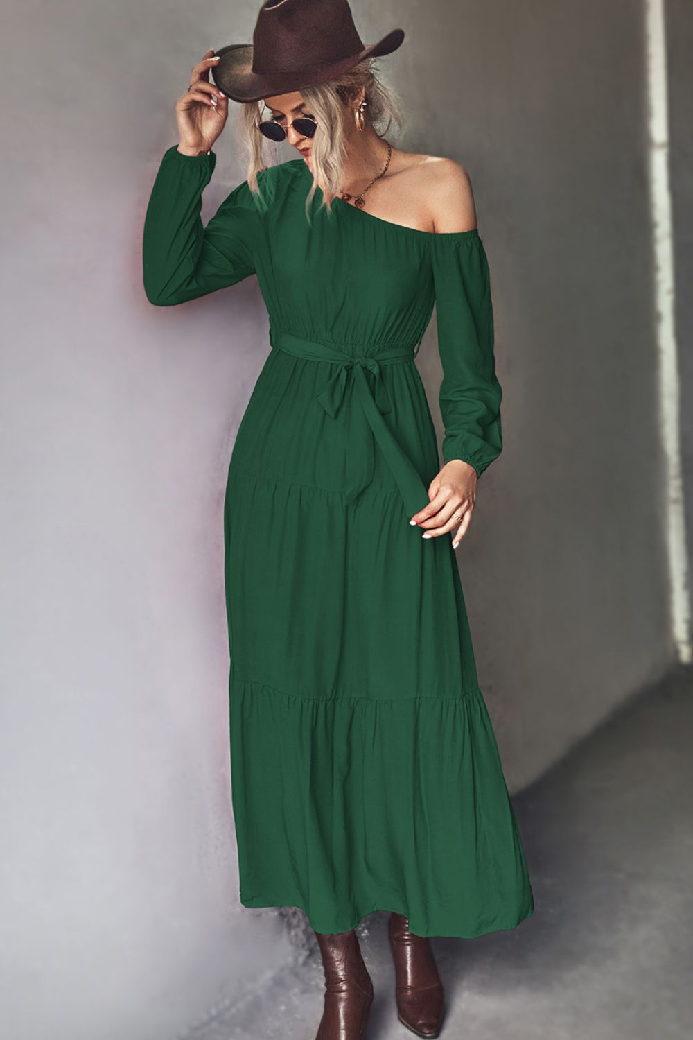 One Shoulder Long Sleeve Belted Tiered Maxi Dress 8