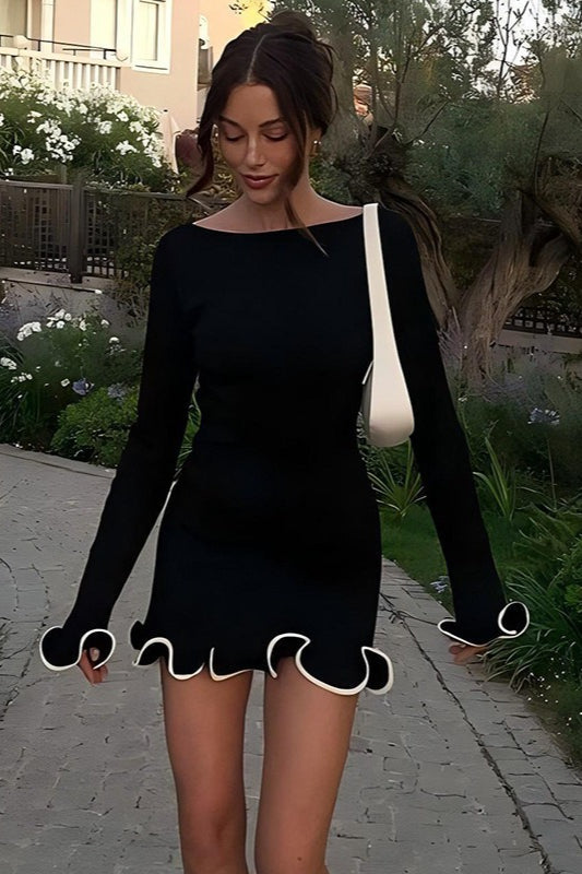 Boat Neck Long Sleeve Contrast Trim Ruffle Cuff Hem Bodycon Mini Cocktail Dress