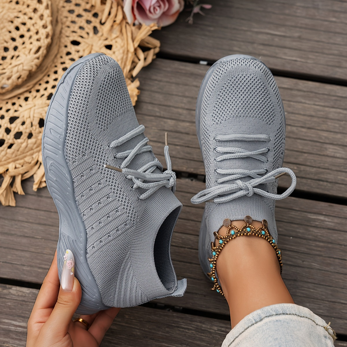 Knit Mesh Lace Up Thick Sole Sneakers