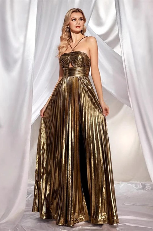 Pleated Cut Out High Split A-Line Maxi Gown