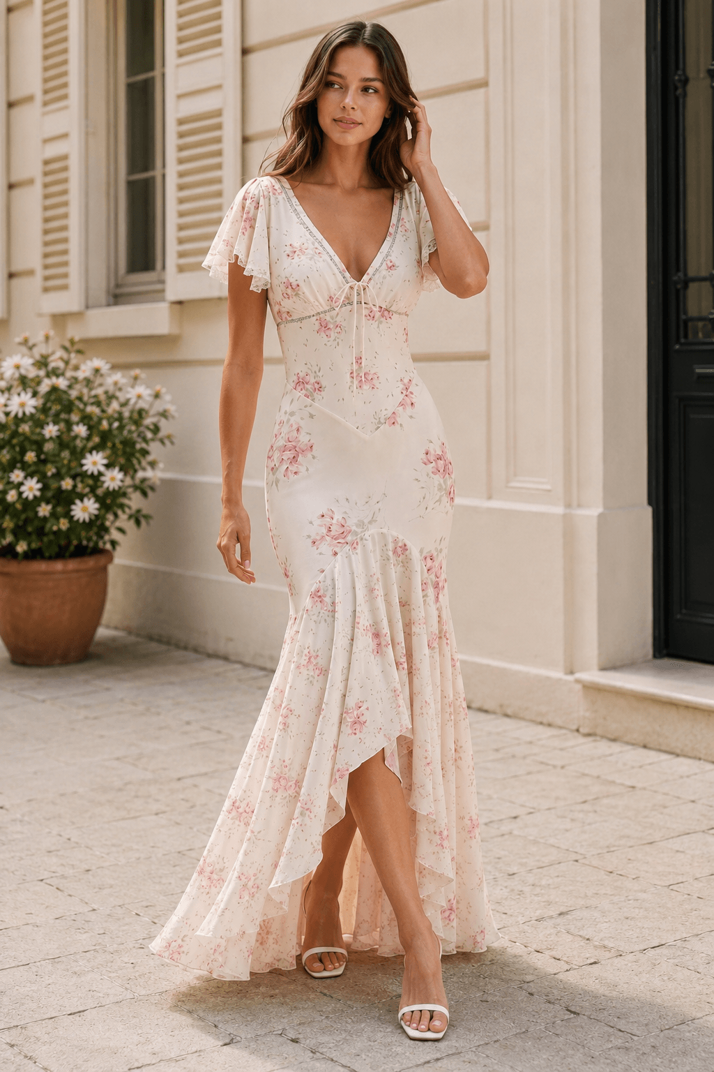 Mermaid V Neck Lace Panel Slim Long Floral Dress