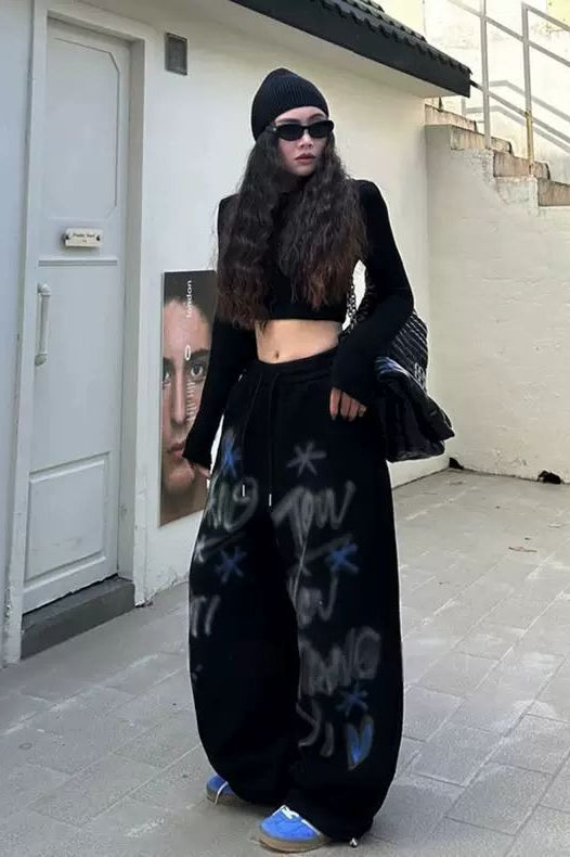 Graffiti Letter Print Drawstring Waist Wide Leg Jogger Pants 5