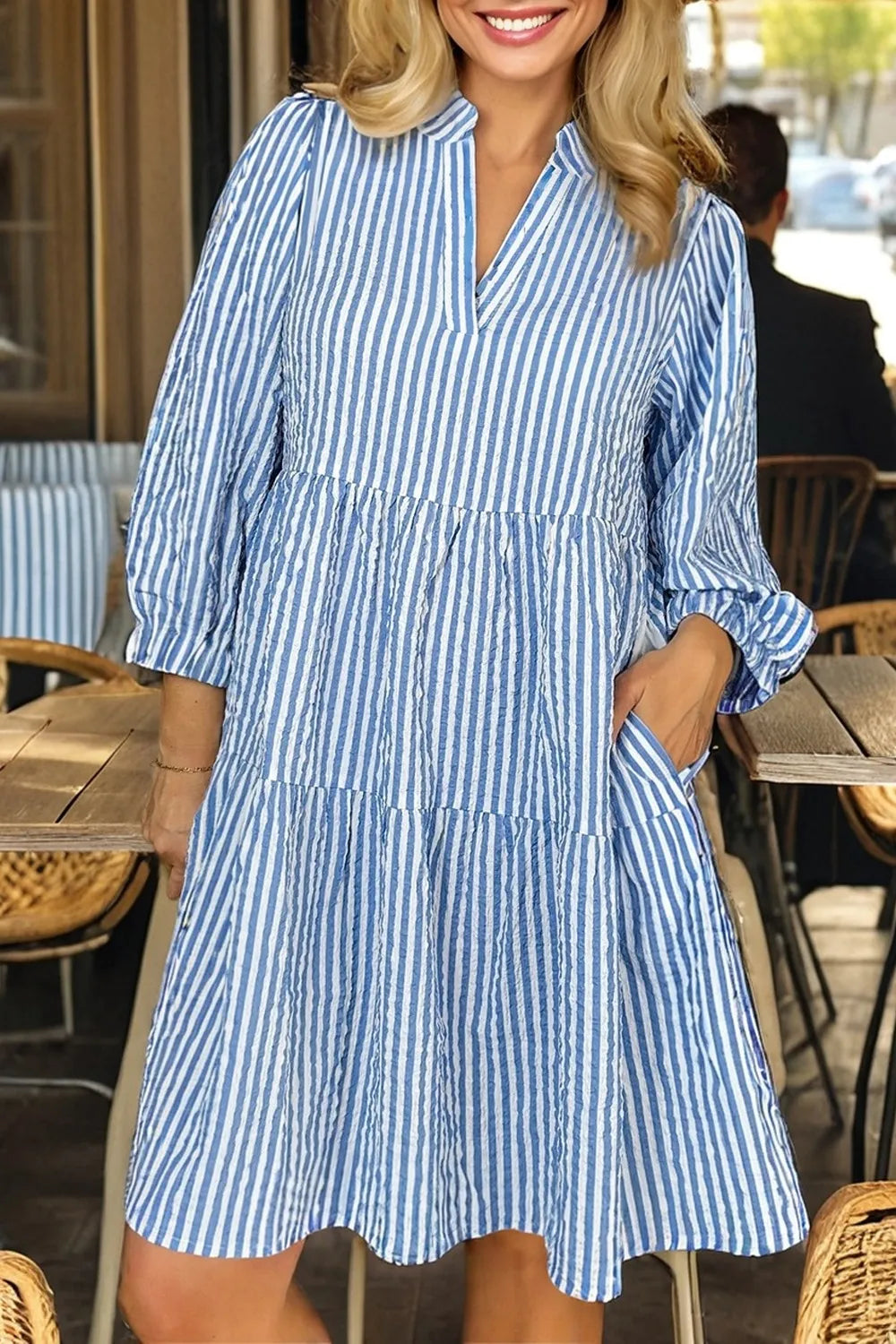 Striped Seersucker Notched Neck Balloon Sleeve Tiered Shift Dress with Pockets 2
