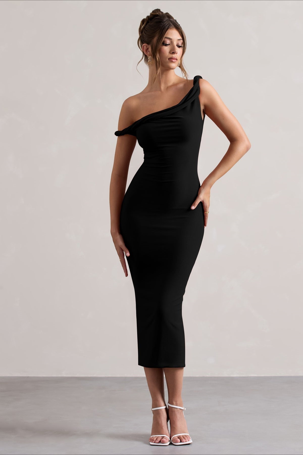 One Shoulder Twist Strap Bodycon Midi Party Dress