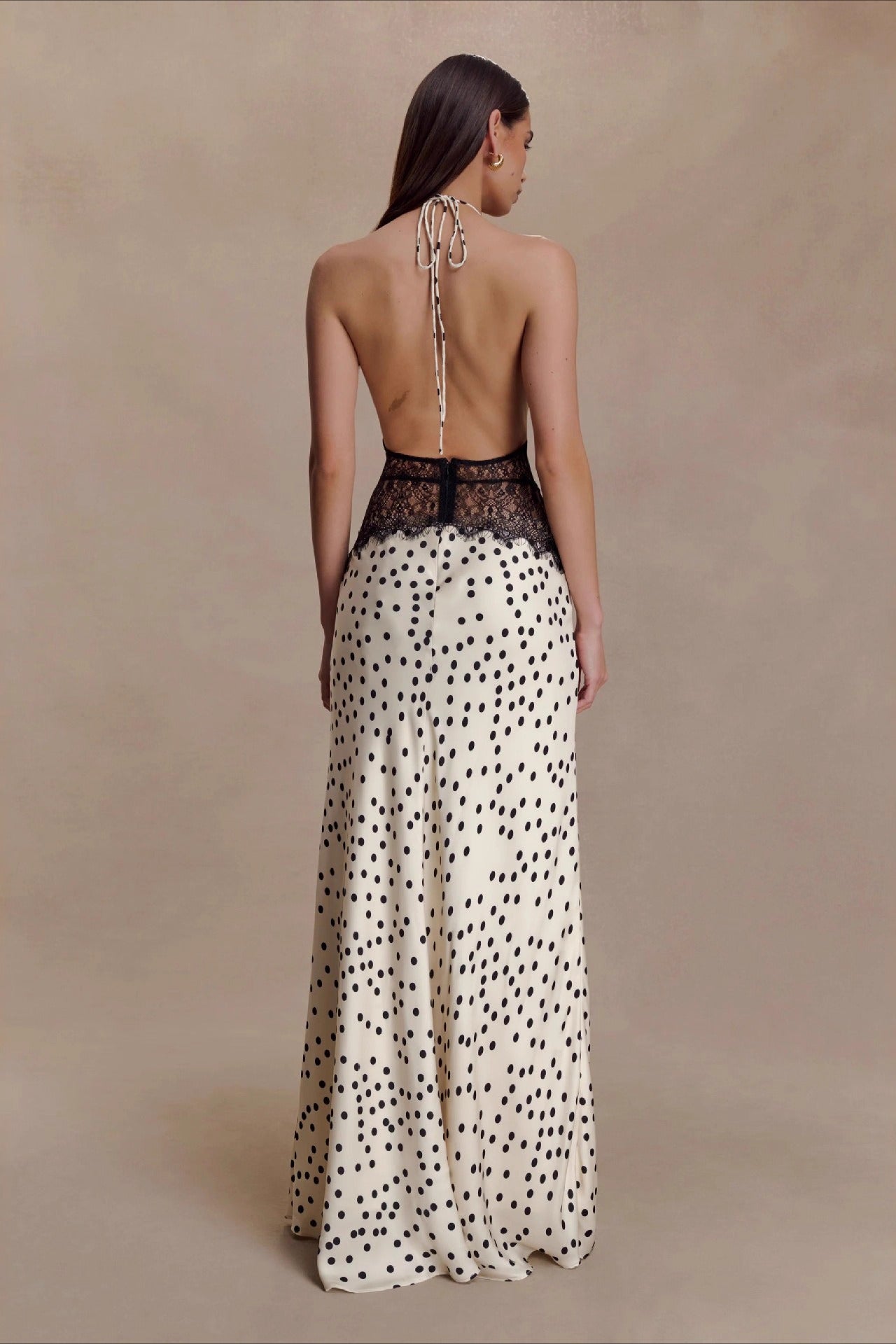 Polka Dot Lace Backless Waist Tie Maxi Lace Dress