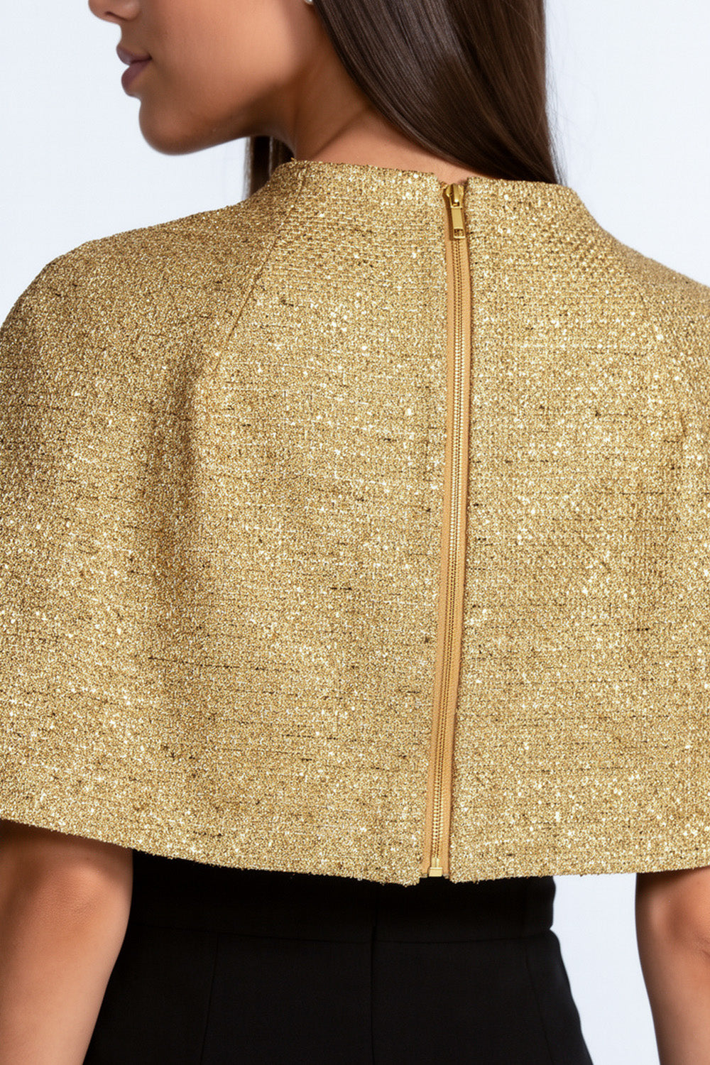 Metallic Boucle Cape Overlay Lace Waist Band Midi Dress - View 5