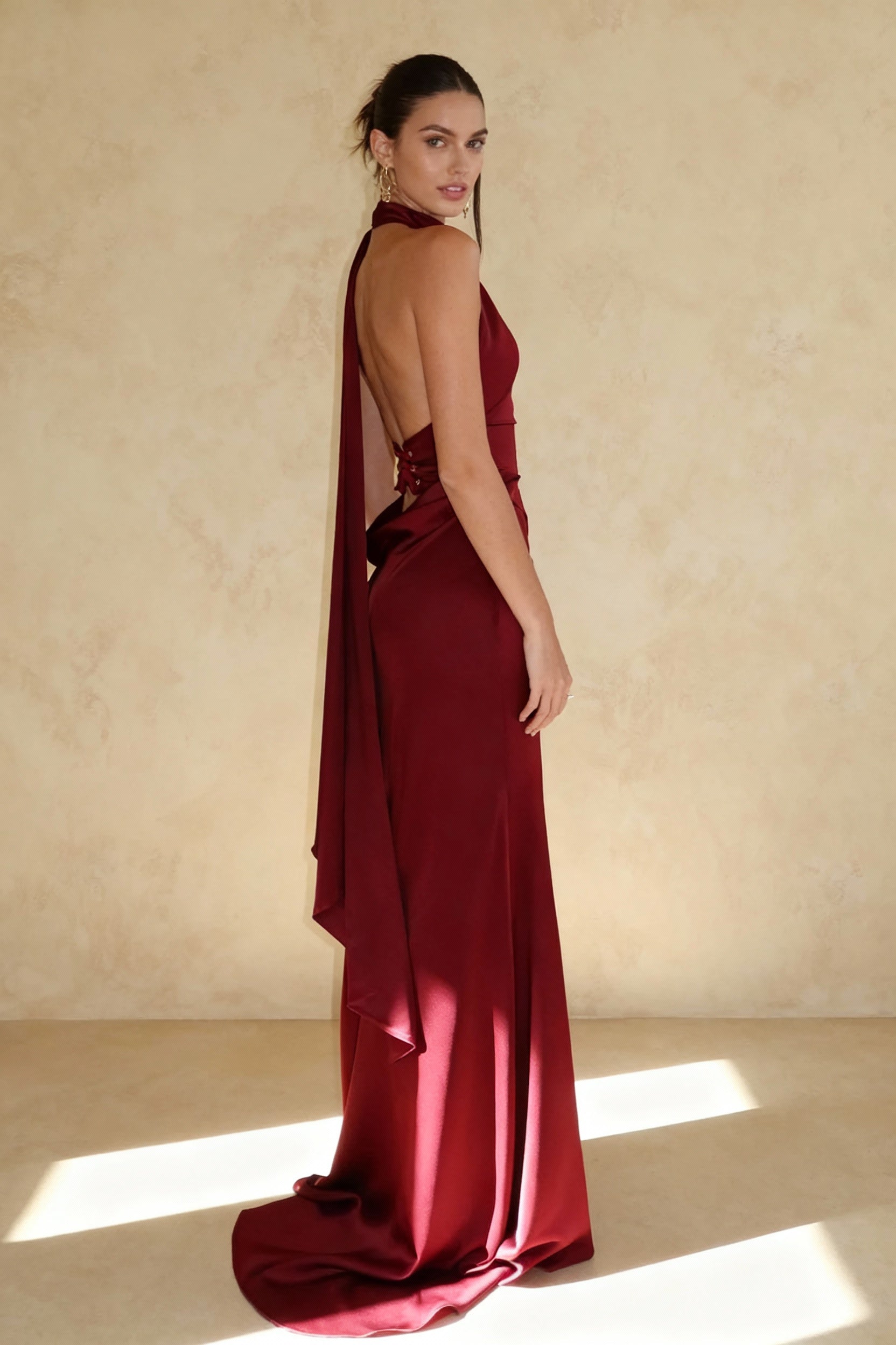 Satin Halter Neck Ruched High Low Mermaid Maxi Dress