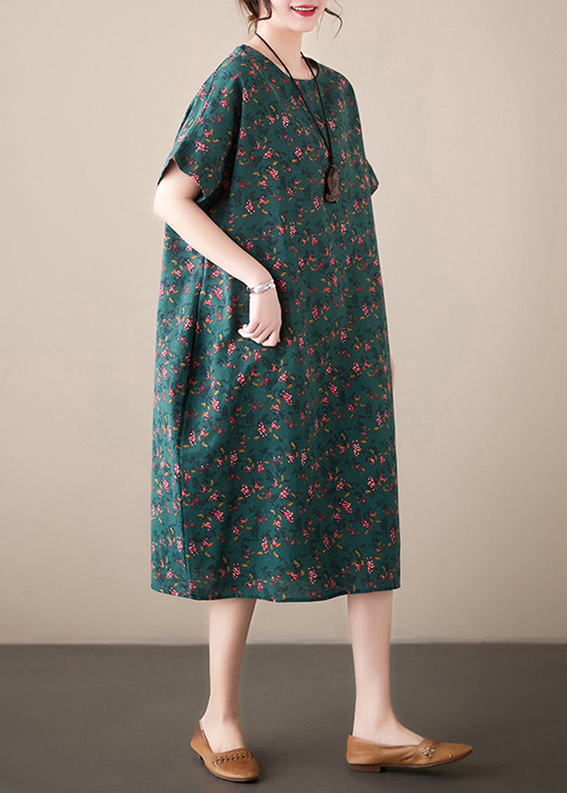 Ditsy Floral Print Crew Neck Short Sleeve Loose Shift Midi Dress