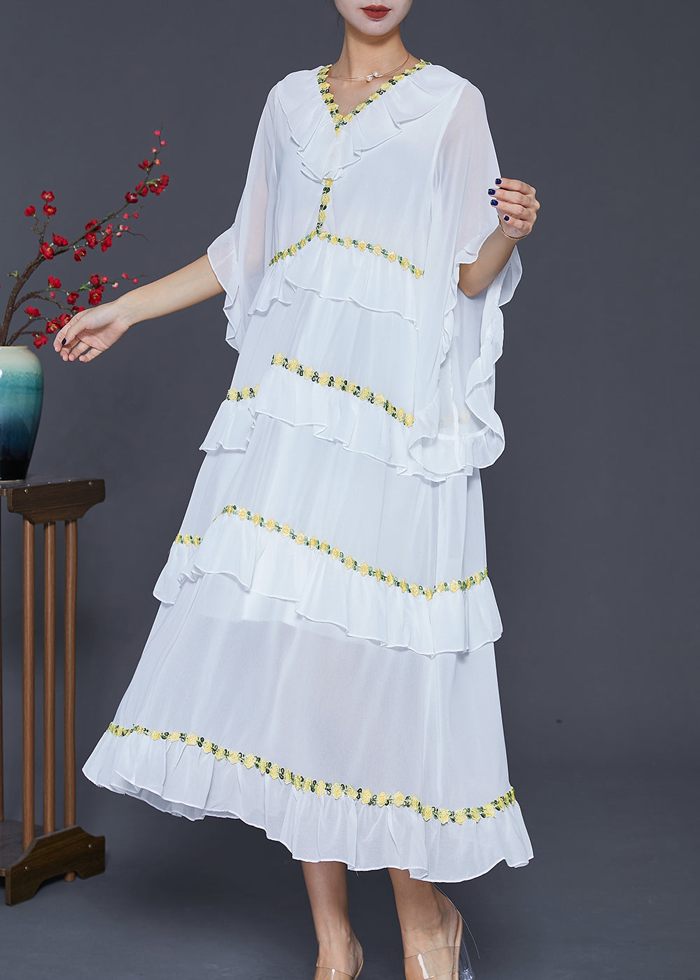 Chiffon V-Neck Ruffle Butterfly Sleeve Tiered Floral Embroidery Maxi Dress