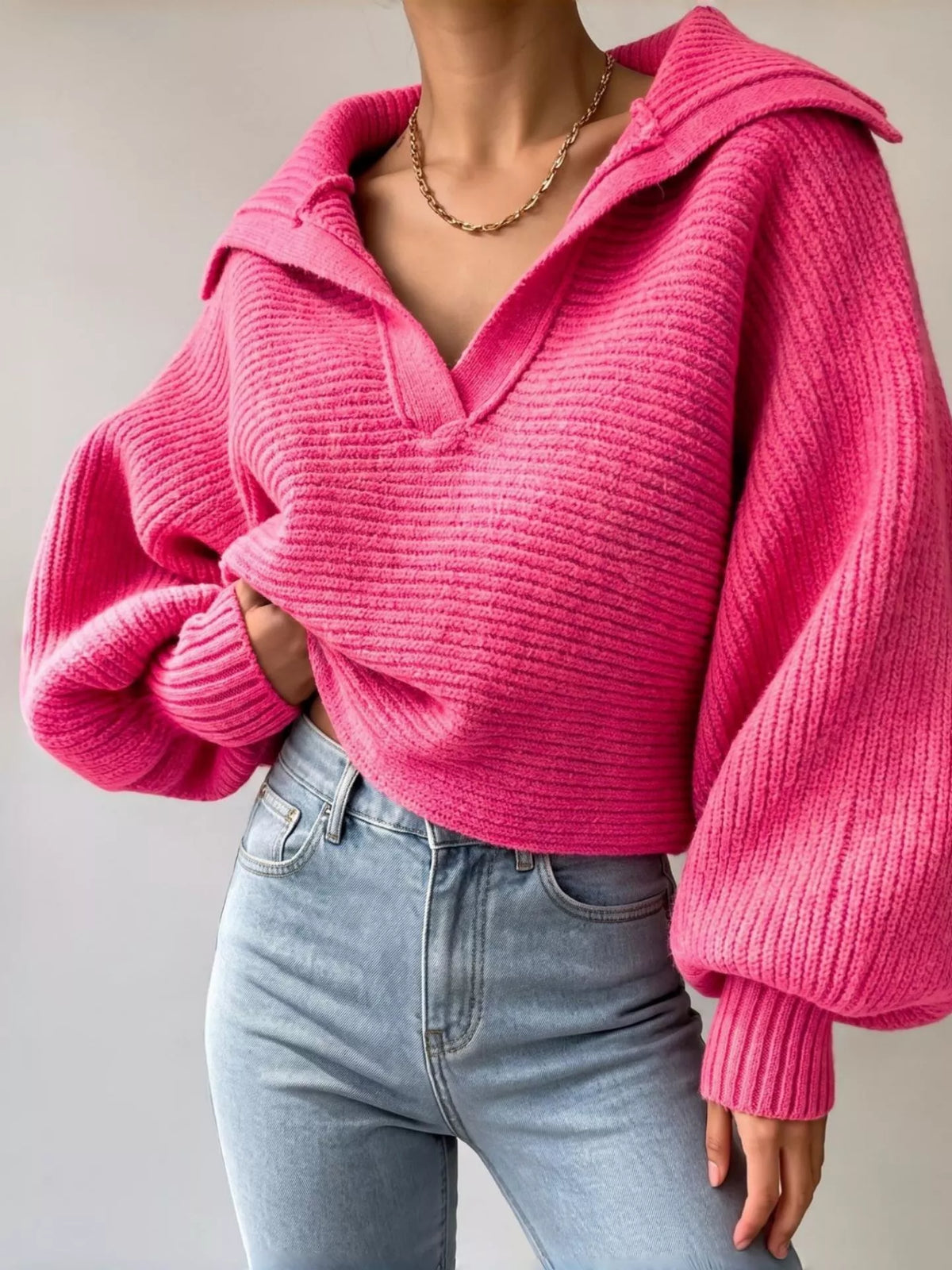 Oversized Sailor Collar V-Neck Lantern Sleeve Ribbed Knit Cropped Sweater 5