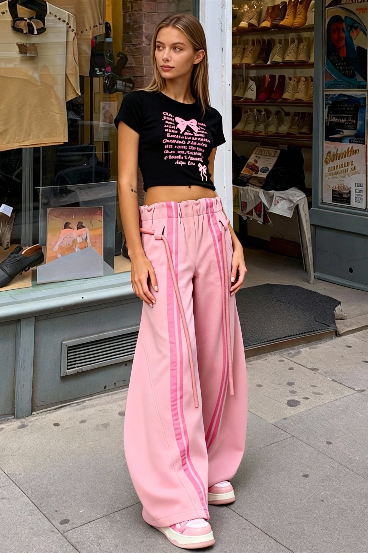 Drawstring High-Waist Wide Pants