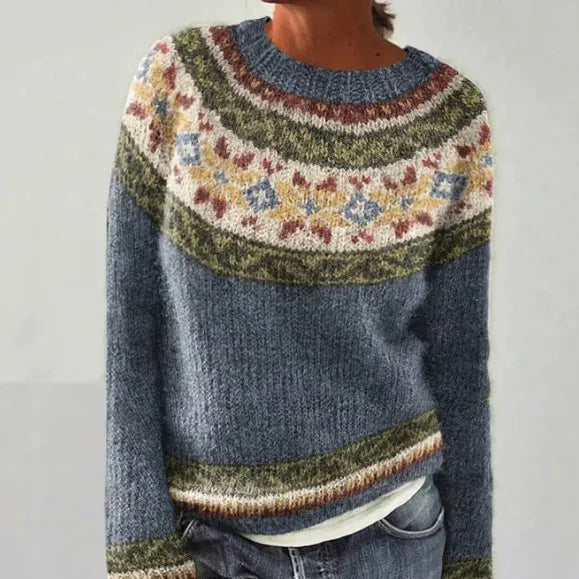 Boat Neck Long Sleeve Fair Isle Knit Sweater