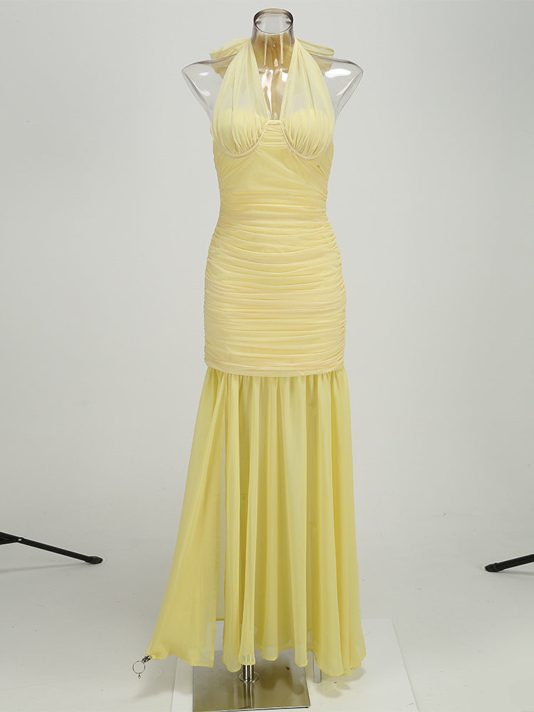 Sheer Mesh Asymmetric Halter Neck Ruched Bodice Mermaid Maxi Dress 16