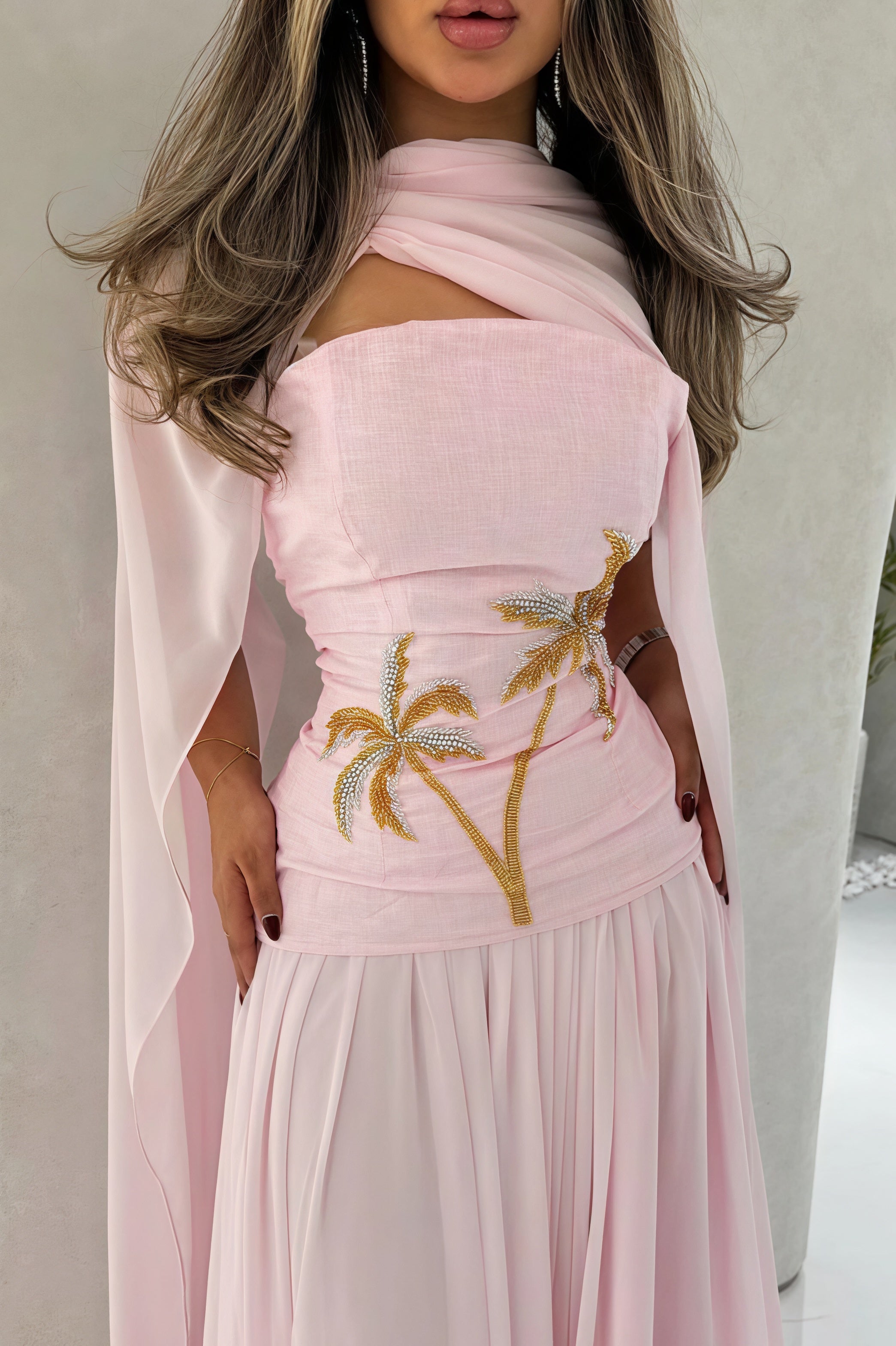 Elegant Chiffon Cape Beaded Maxi Dress