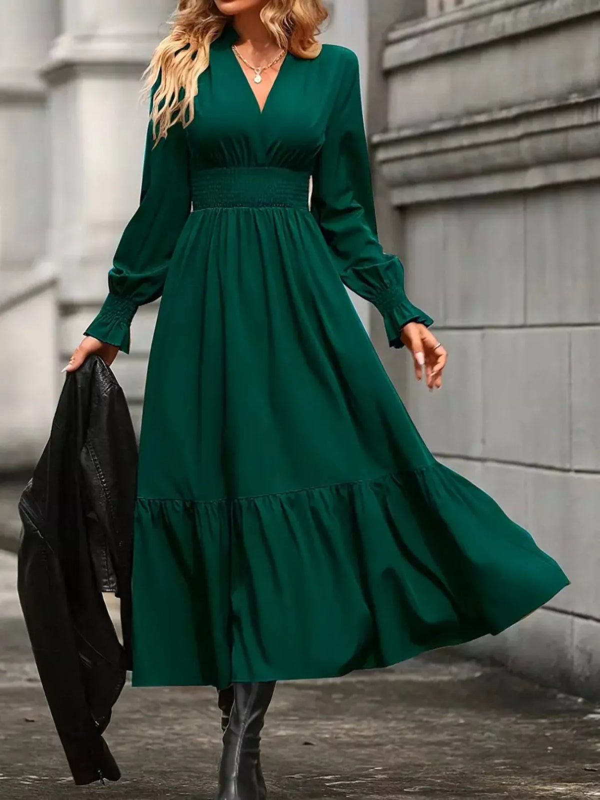 Surplice V-Neck Smocked Waist Balloon Sleeve Tiered Midi Dress 7