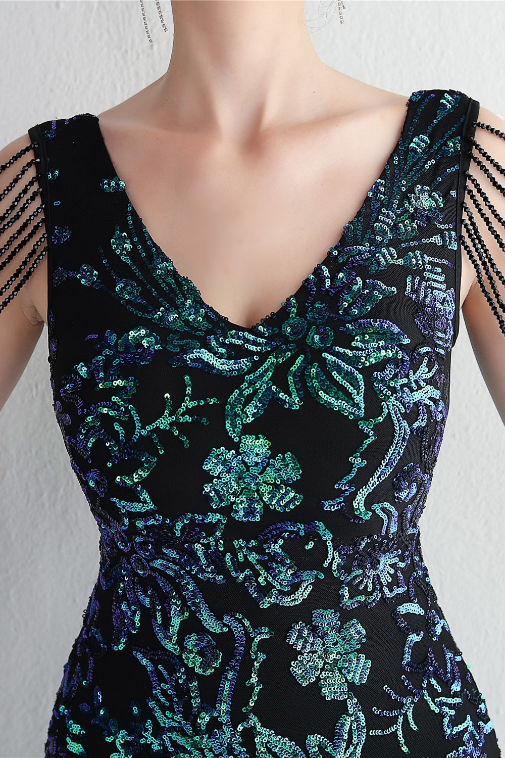 Sequin V-Neck Beaded Fringe Sleeve Mermaid Evening Gown