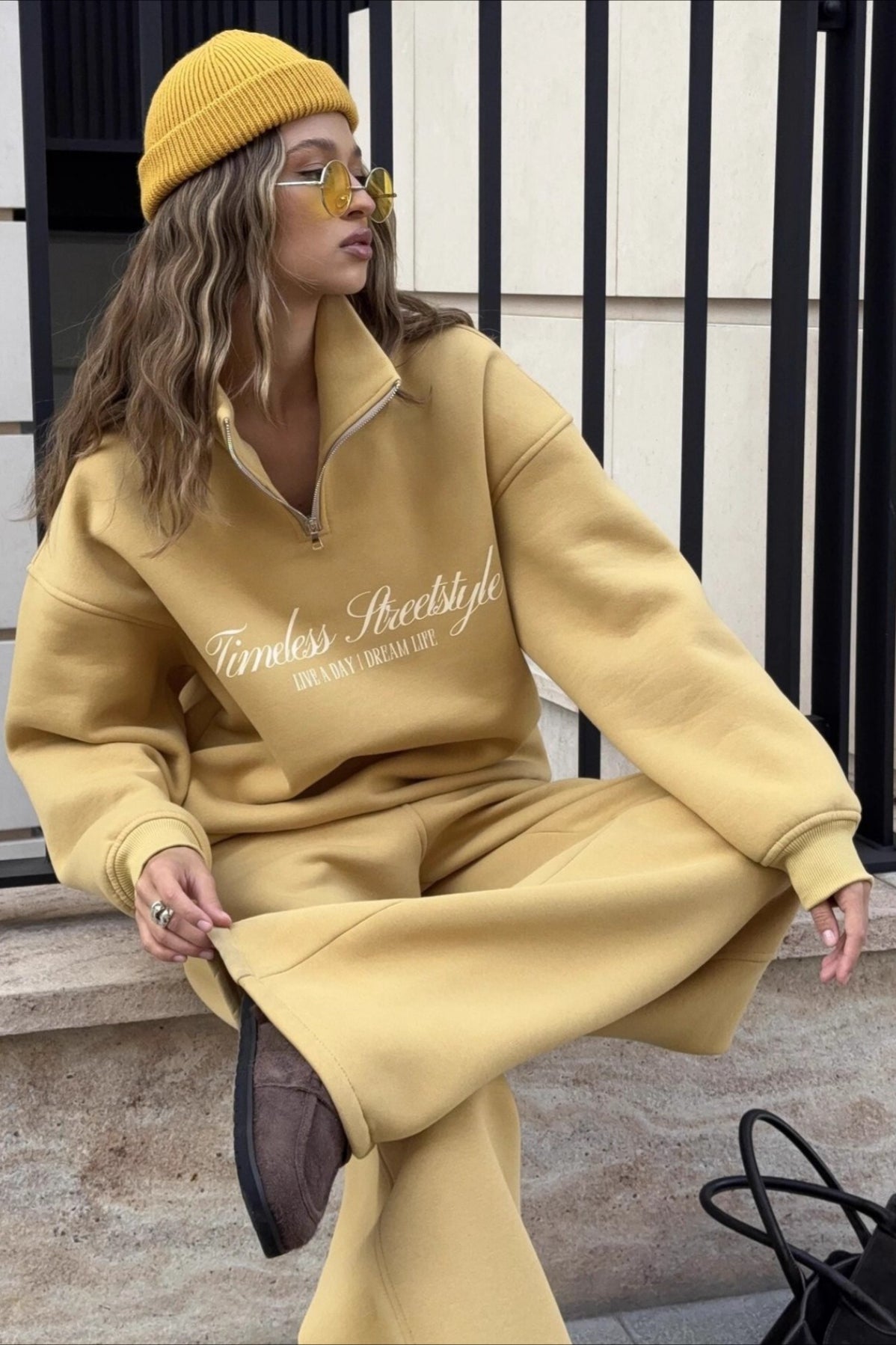 Half Zip Slogan Graphic Fleece Sweatshirt and Wide Leg Pants Two Piece Set