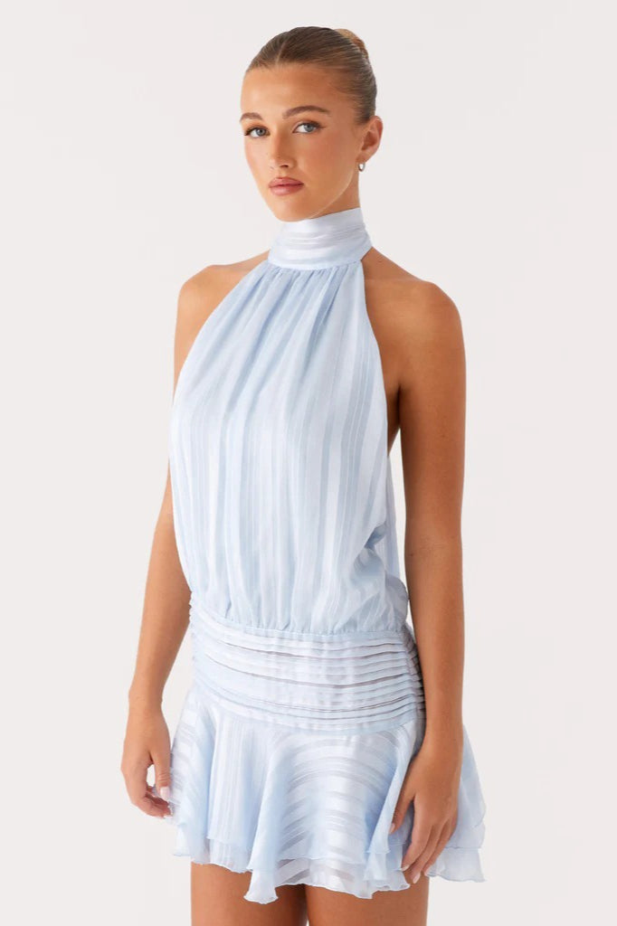 Satin Halter Neck Ruched Ruffle Hem Mini Dress