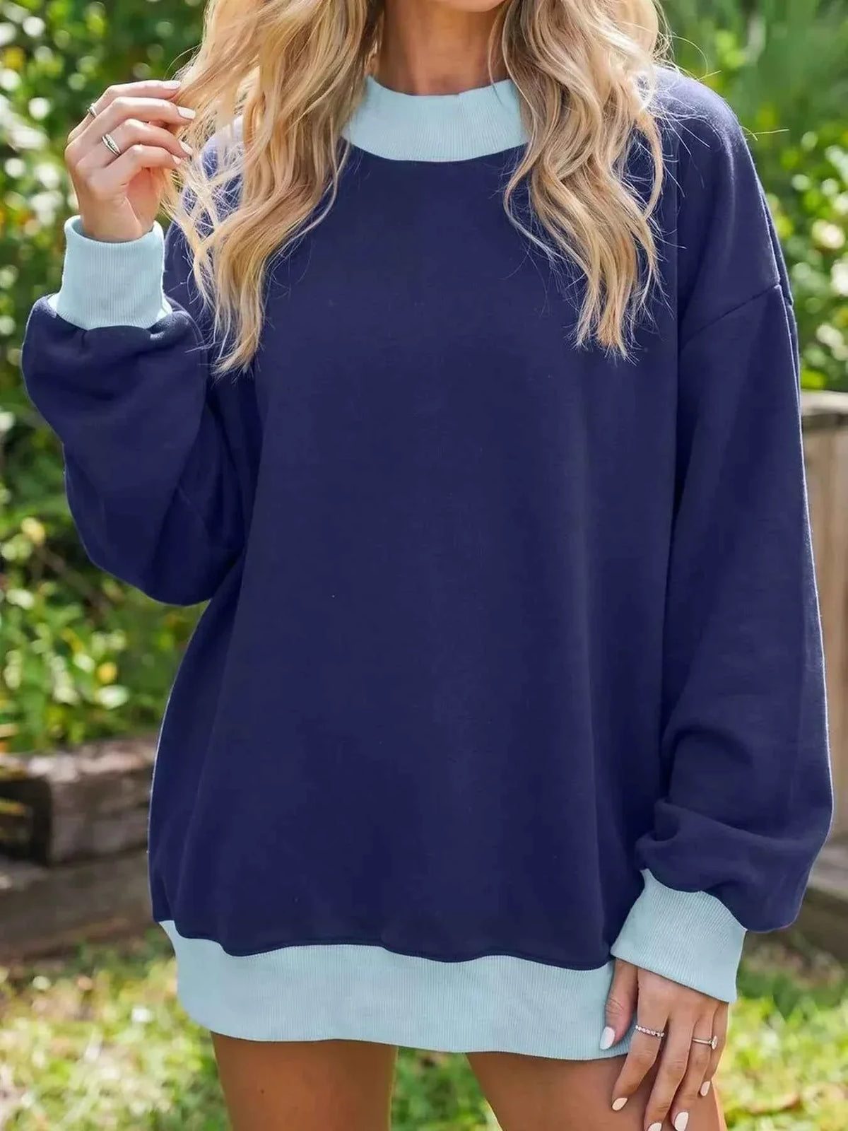 Oversized Contrast Trim Crew Neck Drop Shoulder Longline Sweatshirt 3