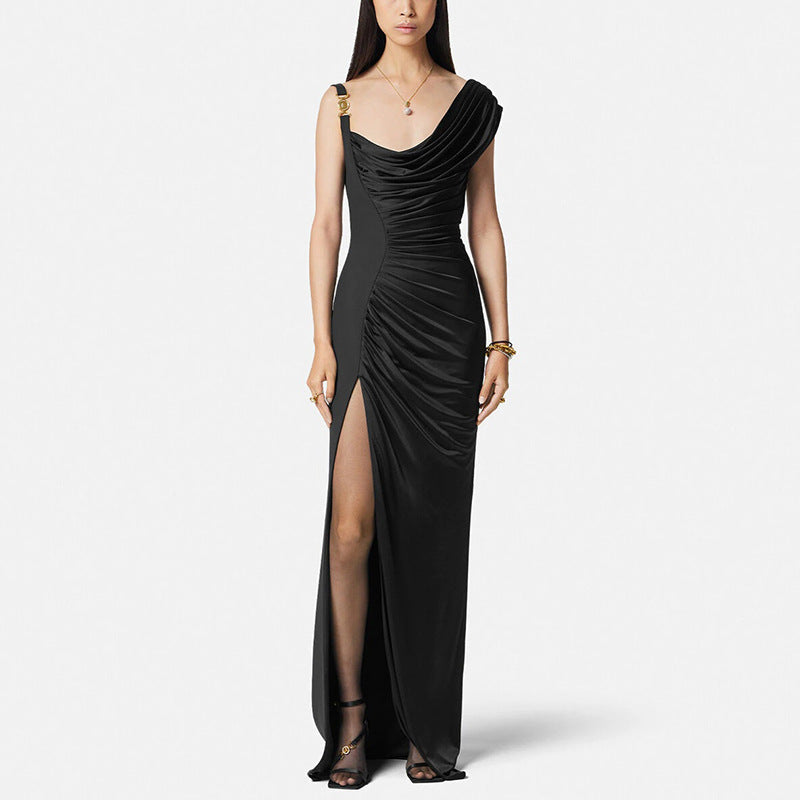 Draped Cowl Neck Asymmetric Ruched High Split Maxi Dress