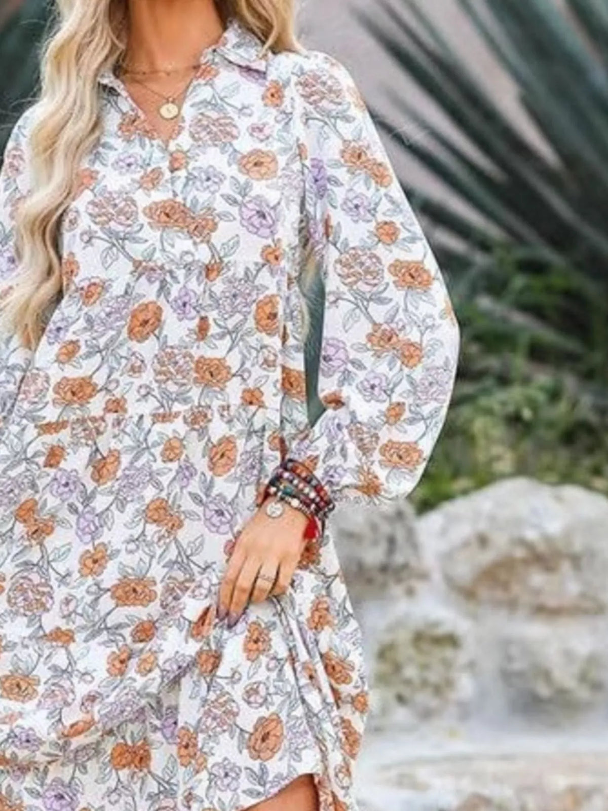 Floral Print Balloon Sleeve Midi Dress