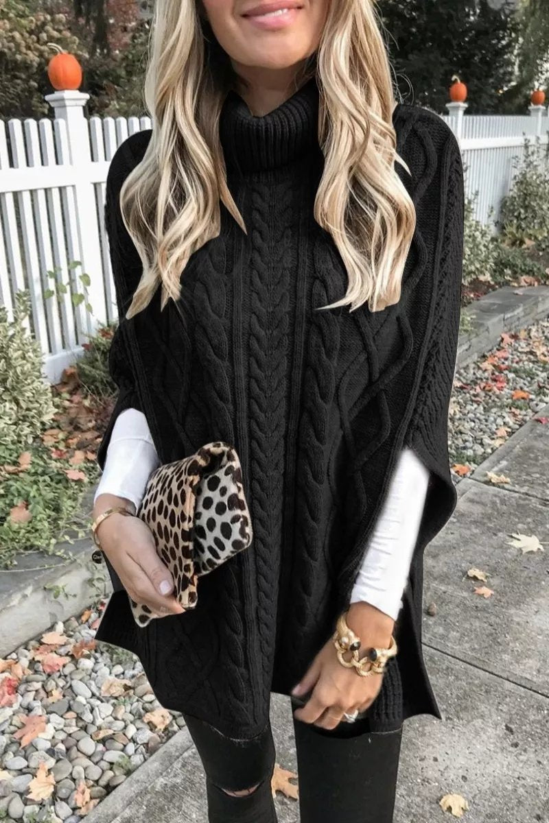 High Neck Cable Knit Poncho