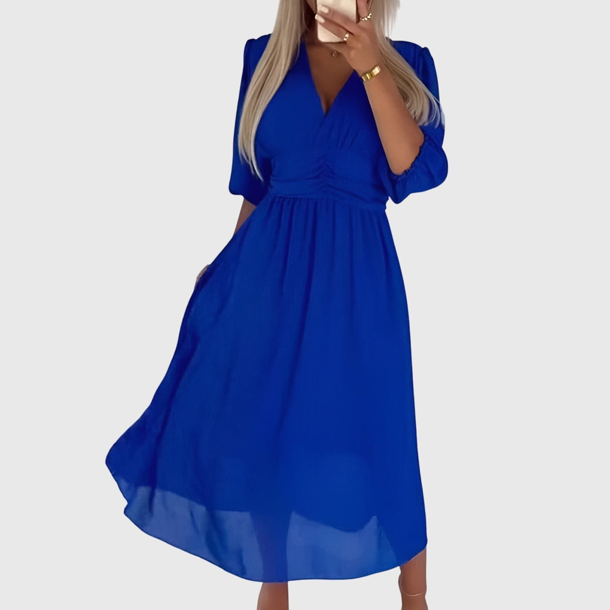 V-Neck Balloon Sleeve Ruched Waist Chiffon Midi Dress