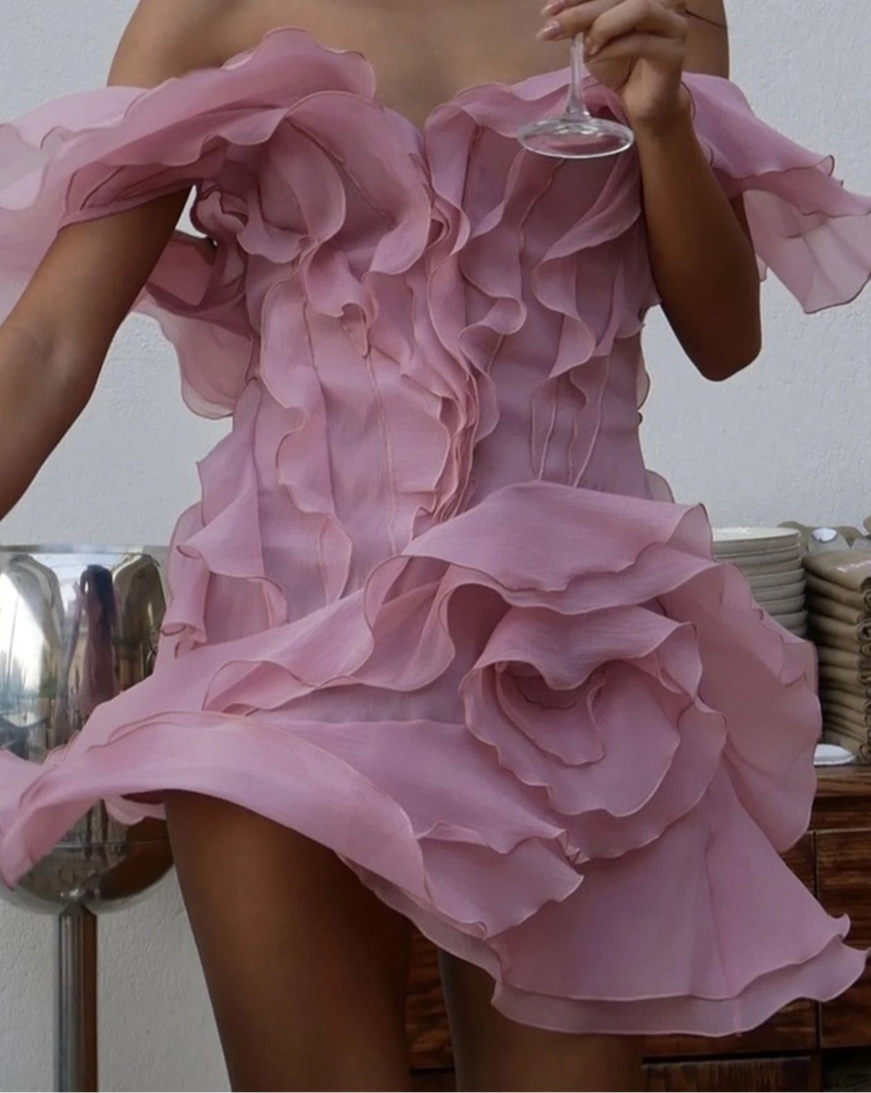 Ruffle Backless Mesh Prom Mini Dress 4