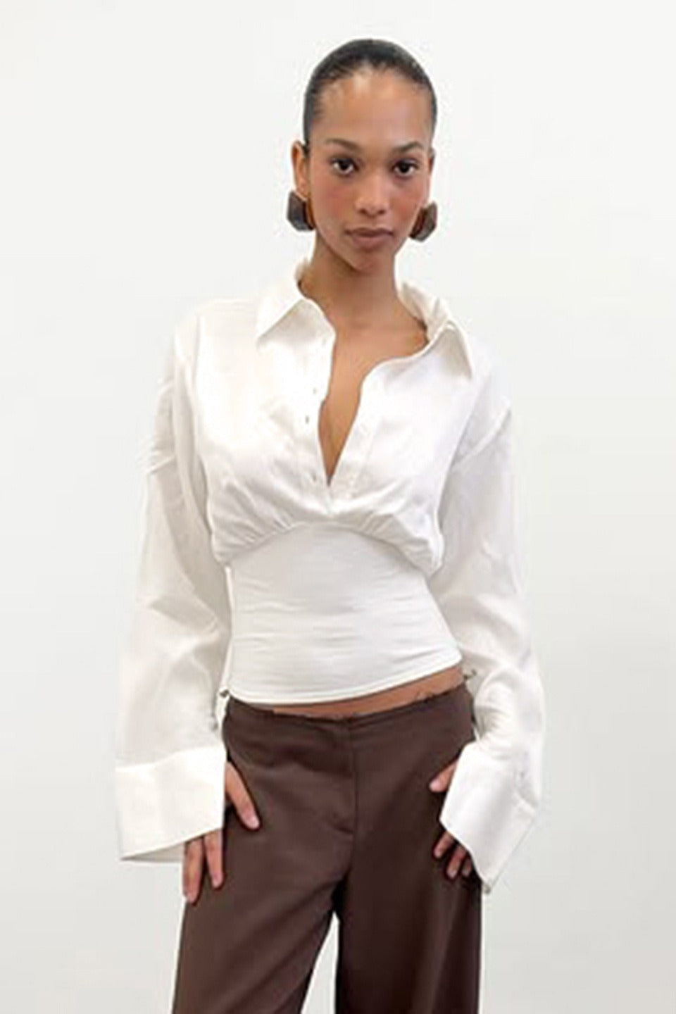 Collared Flare Sleeve Button Front Oversized Cropped Shirt 4