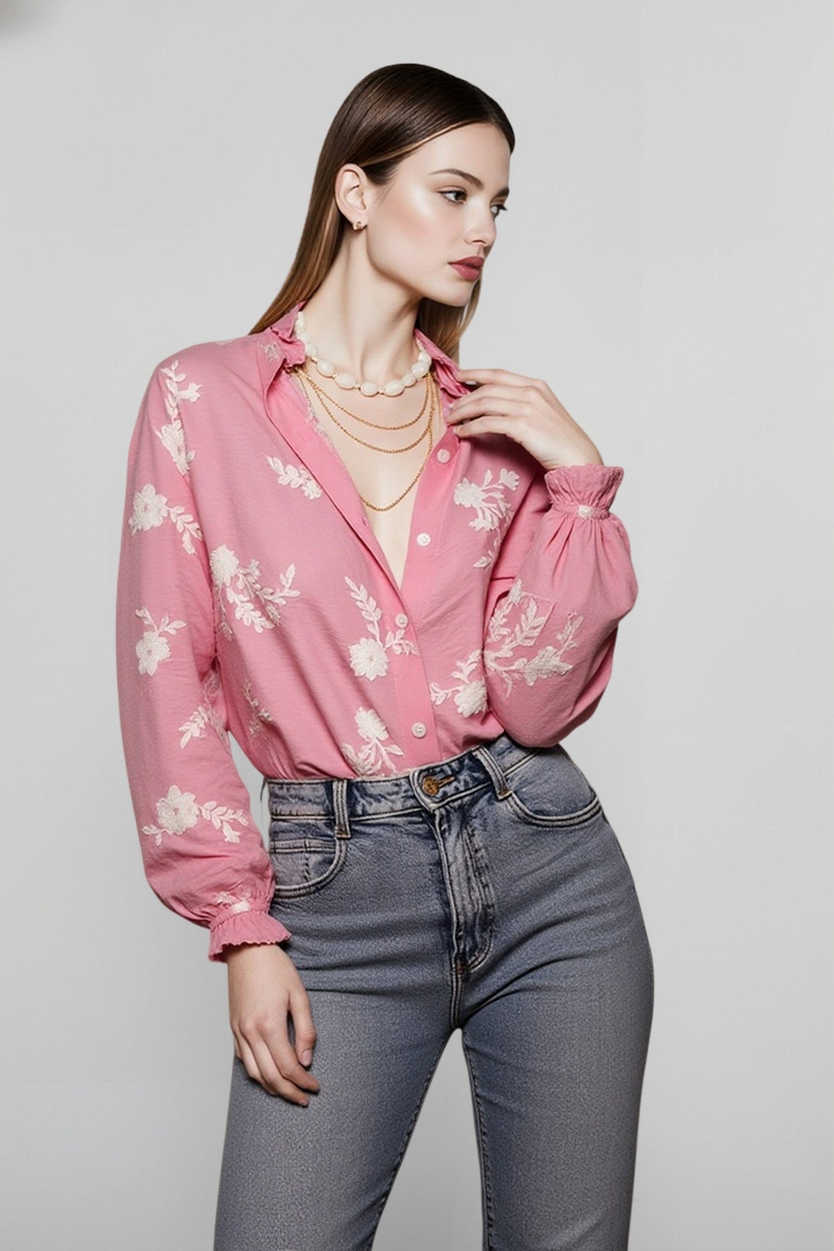 Floral Print Lantern Sleeve Button Front Collared Blouse 3