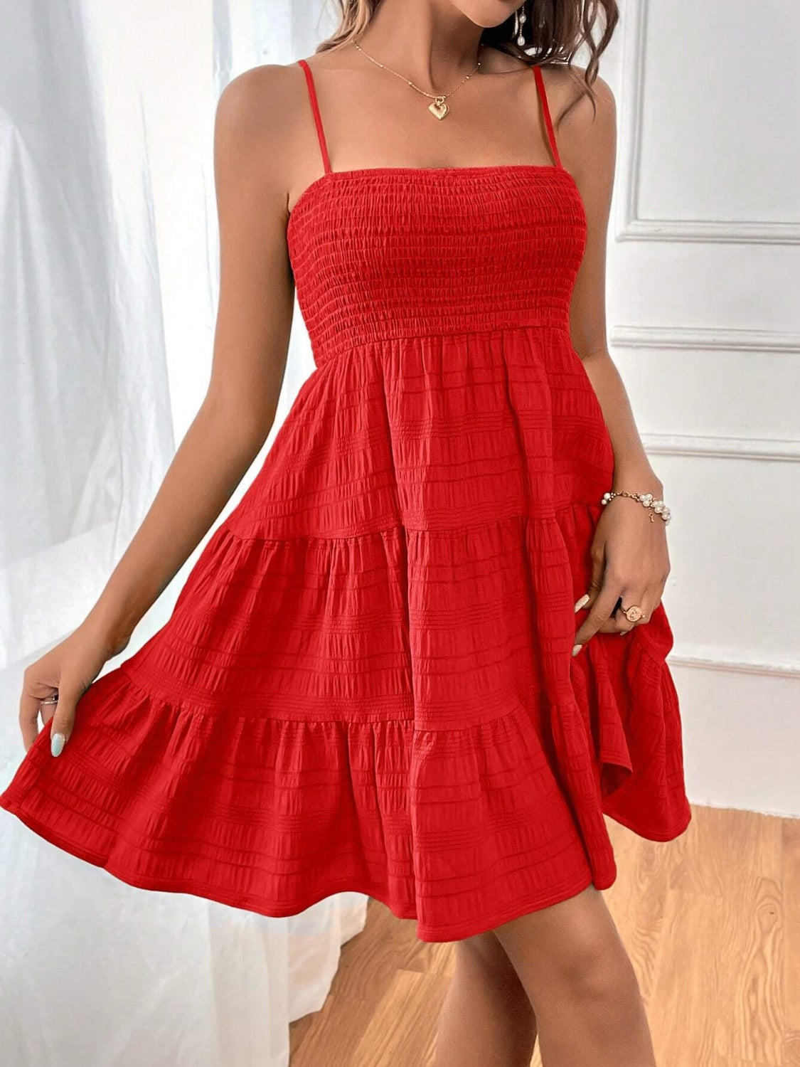 Smocked Tiered Sleeveless Mini Dress Deep Red