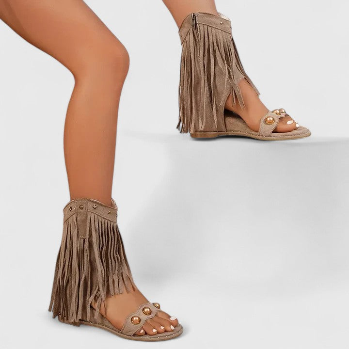 Fringe Open Toe Side Zip Wedge Sandals