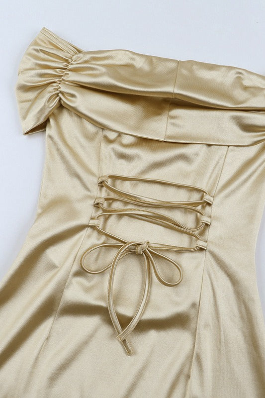 Satin Off Shoulder Ruched Bodycon Maxi Dress