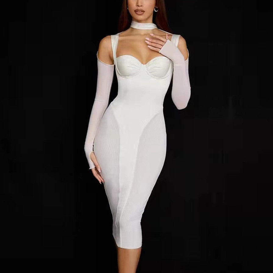 Bustier Sweetheart Mesh Panel Ribbed Knit Choker Neck Glove Sleeve Bodycon Midi Dress