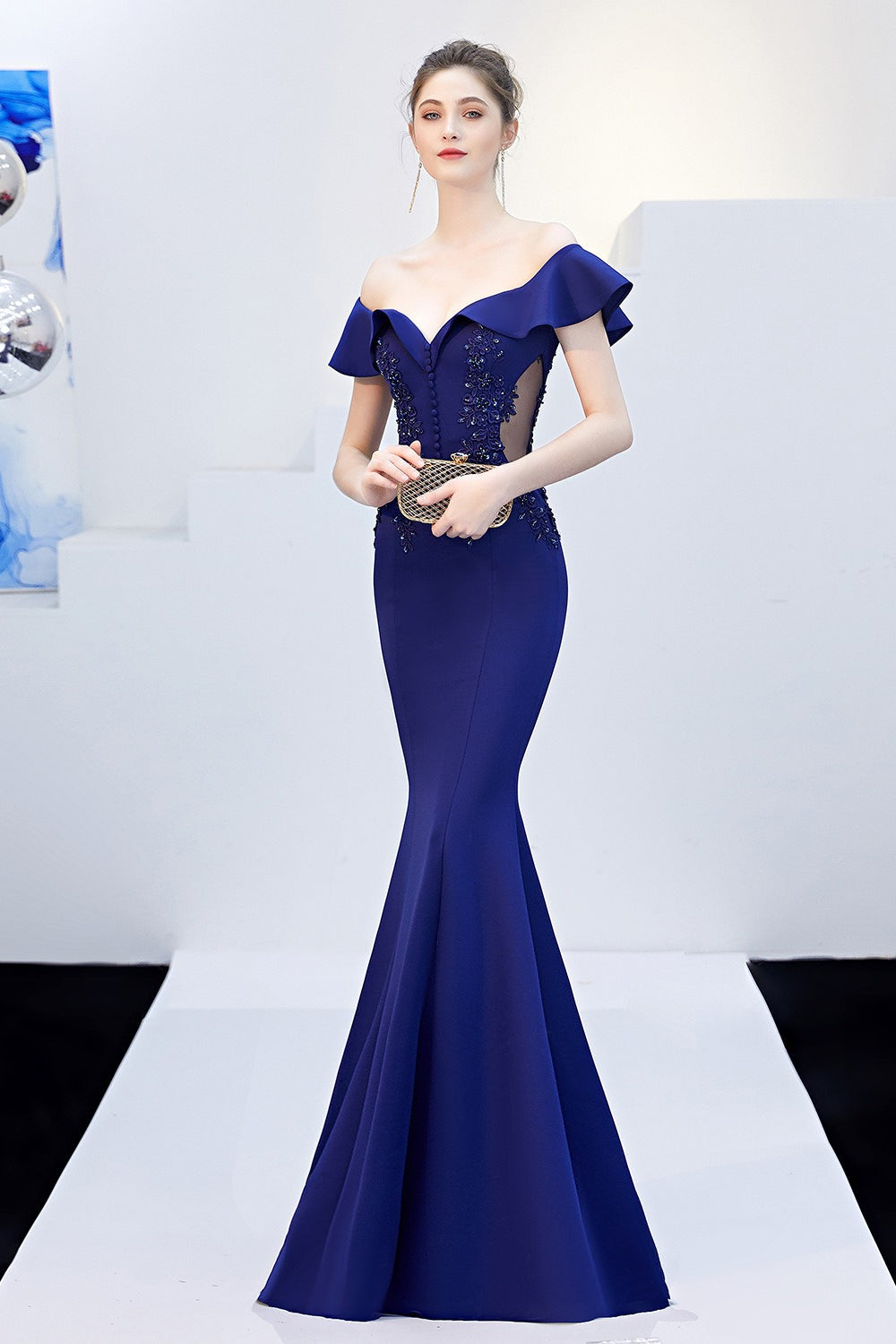 Off Shoulder Ruffle Beaded Mermaid Formal Gown