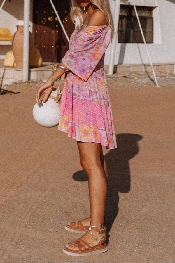 Chelsea Aesthetic Multicolored Short Ruffle Dress with Hibiscus Flower Print Statement Occasion Edit