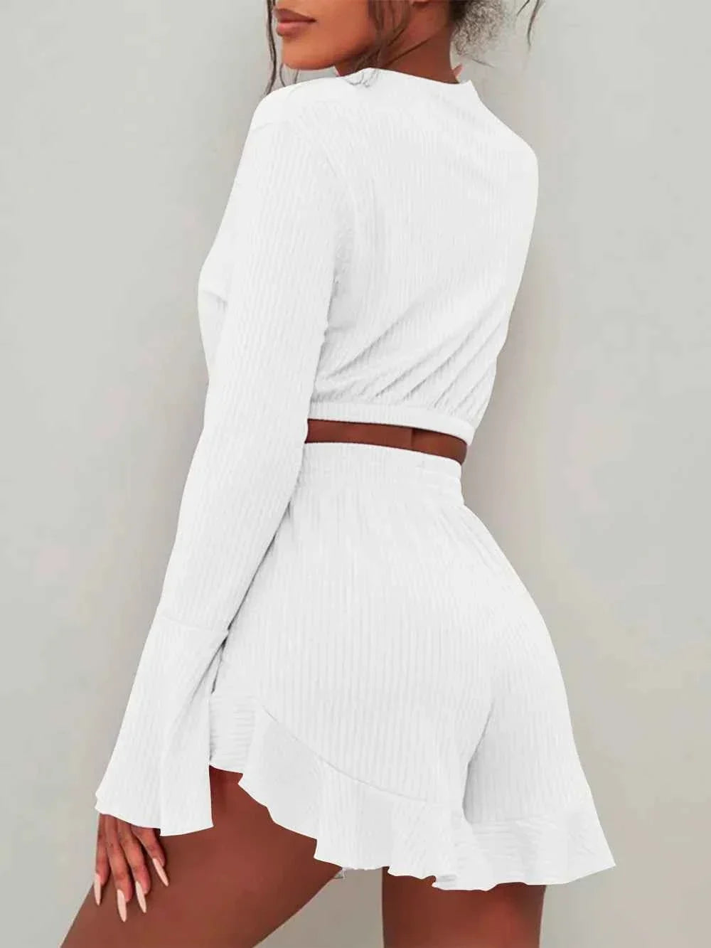Ribbed Round Neck Bell Sleeve Crop Top and Ruffle Hem Shorts Two Piece Set 5