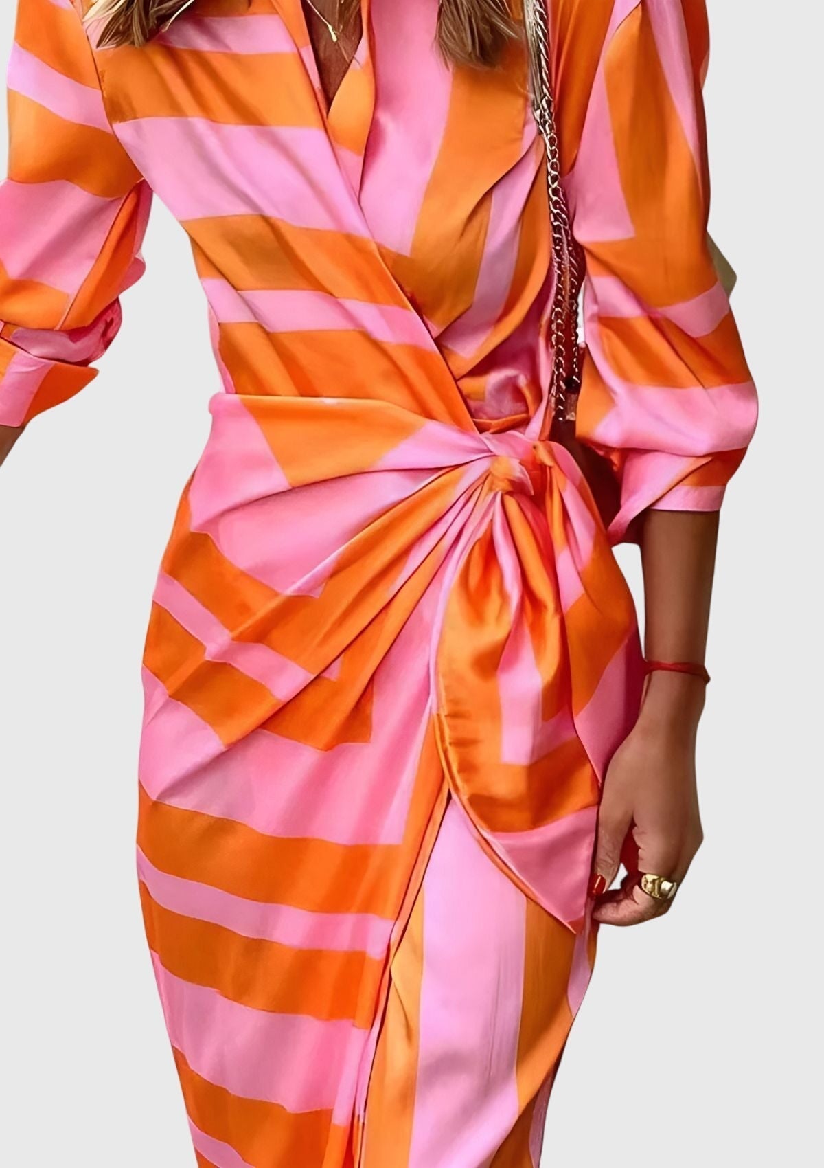 Geometric Print Collared Long Sleeve Wrap Tie Midi Dress 7