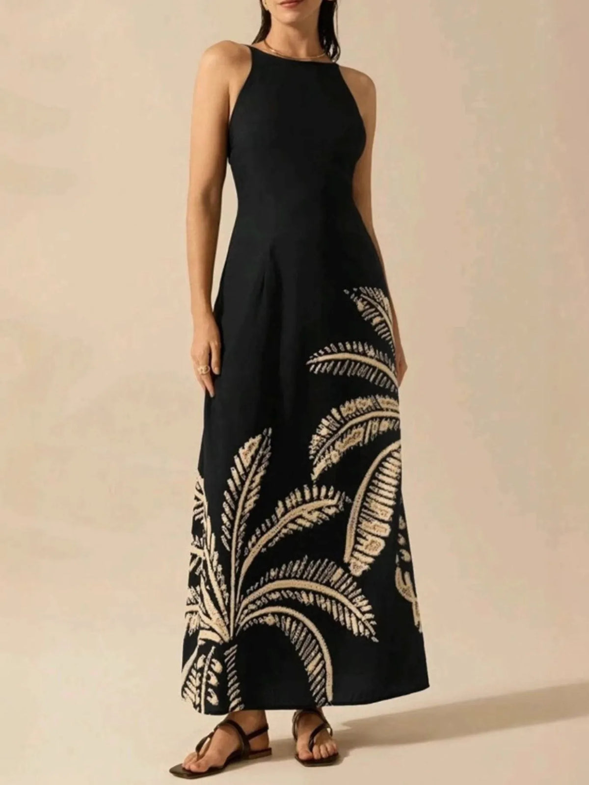 Palm Leaf Print Halter Neck Sleeveless A-Line Maxi Dress