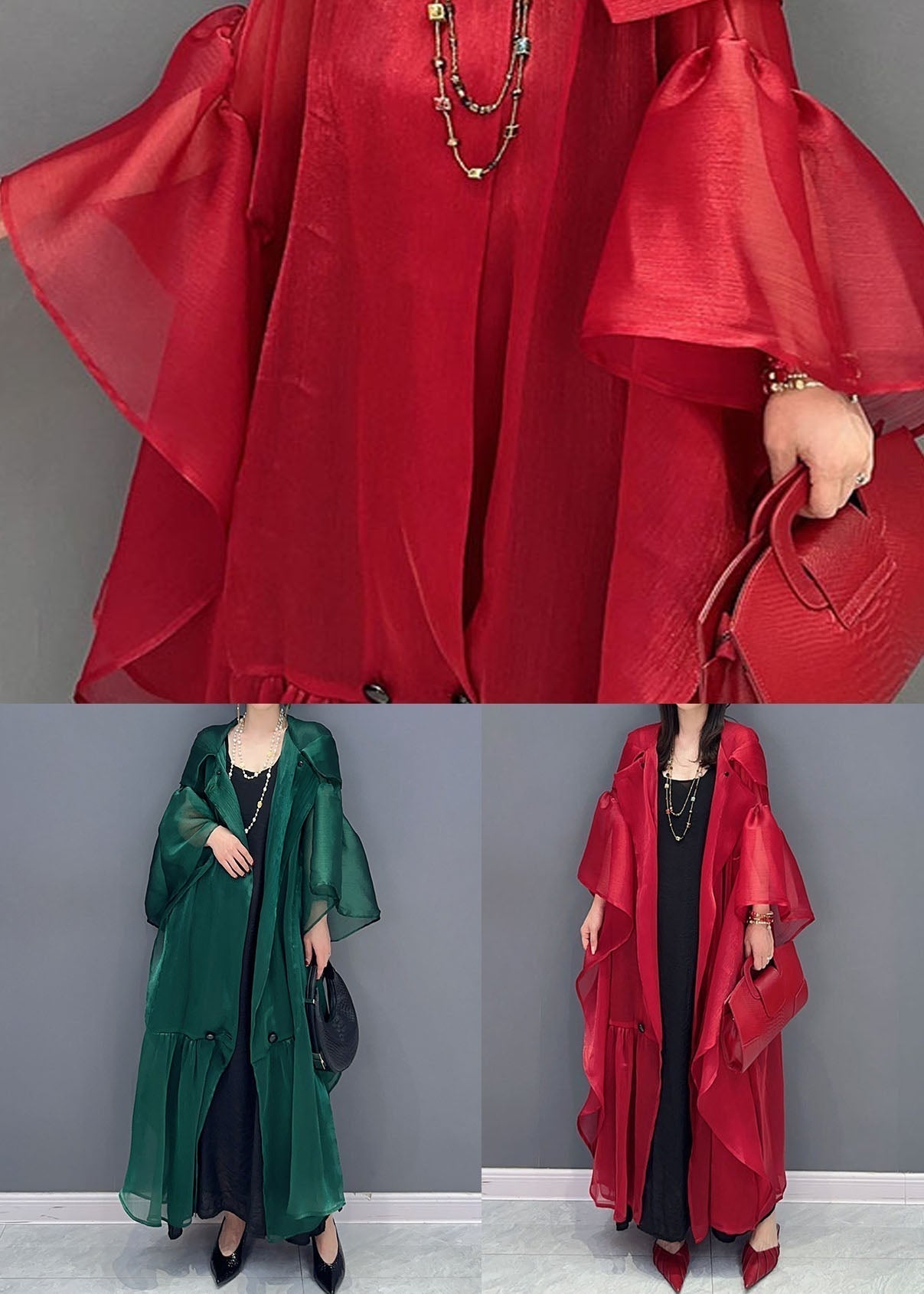 Sheer Pointed Collar Bell Sleeve Tiered Ruffle Oversized Midi Dress
