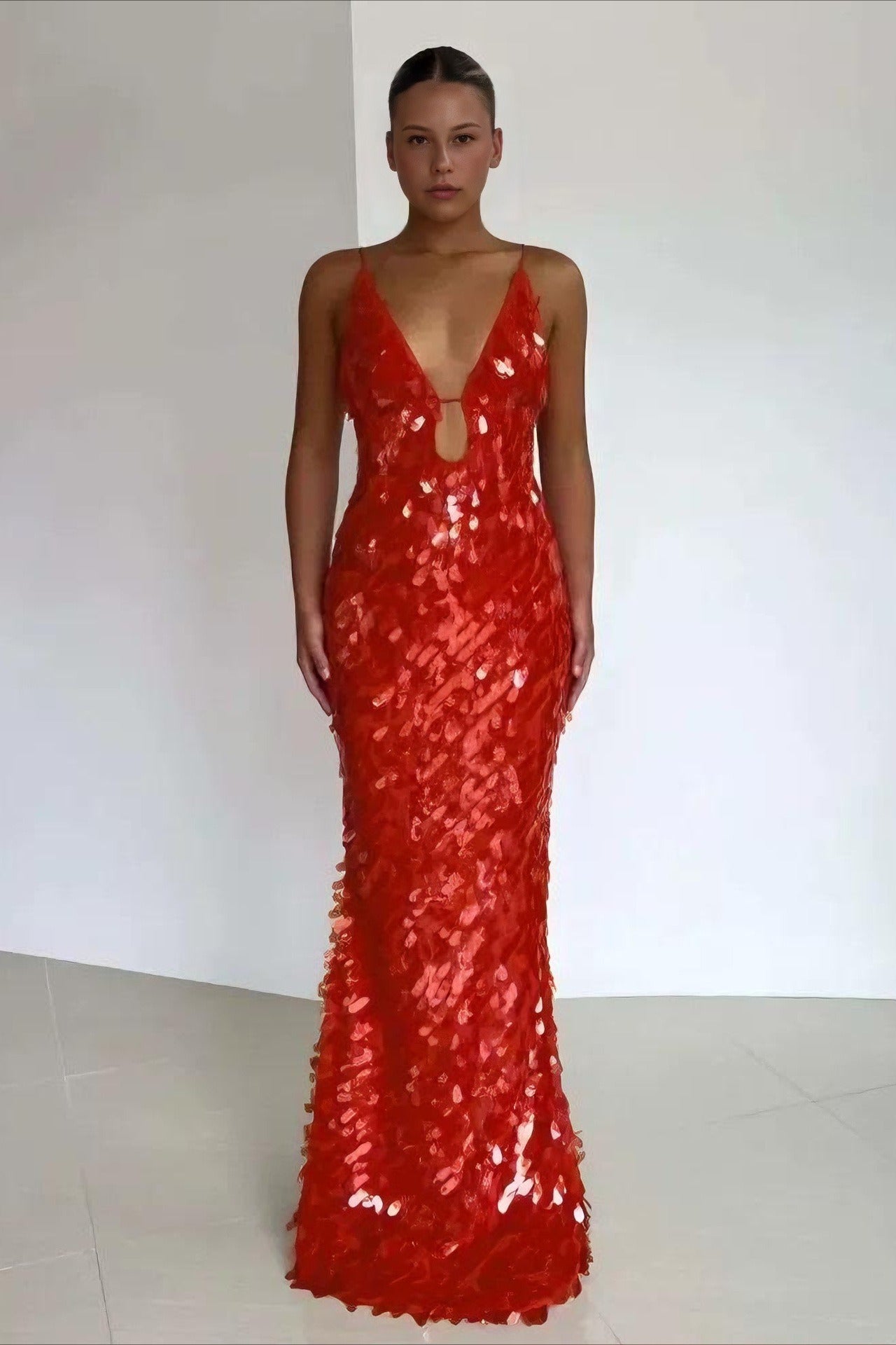 Sequin Spaghetti Strap Deep V-Neck Bodycon Maxi Cocktail Gown