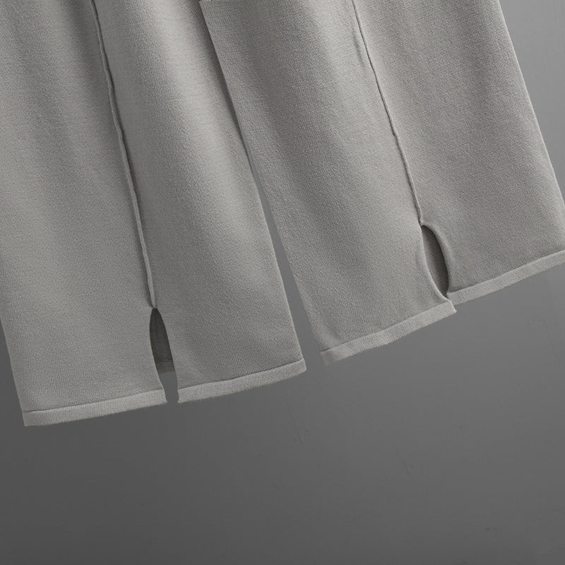 Solid color slit sweater wide-leg trousers two-piece set