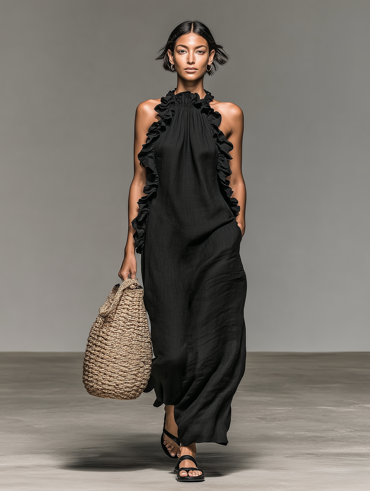 Halter Neck Ruffle Trim Sleeveless Maxi Dress