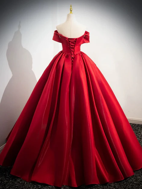 Red Satin Off Shoulder Long Prom Dress, Beautiful A Line Ball Gown cc1511