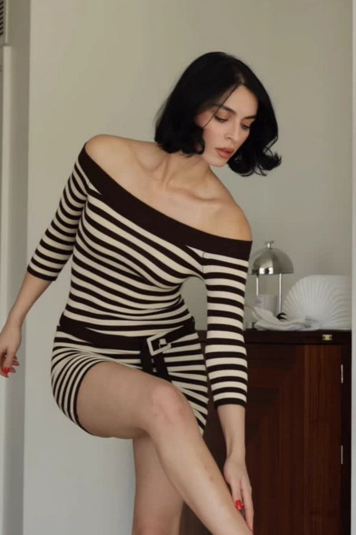Striped OffShoulder Knit Bodycon Mini Sweater Dress