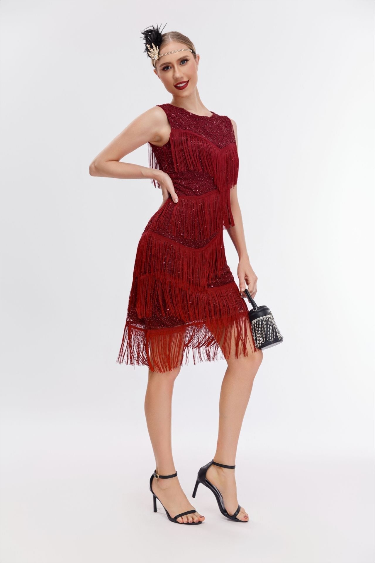 Sequin Beaded Tiered Fringe Sleeveless Shift Mini Cocktail Dress