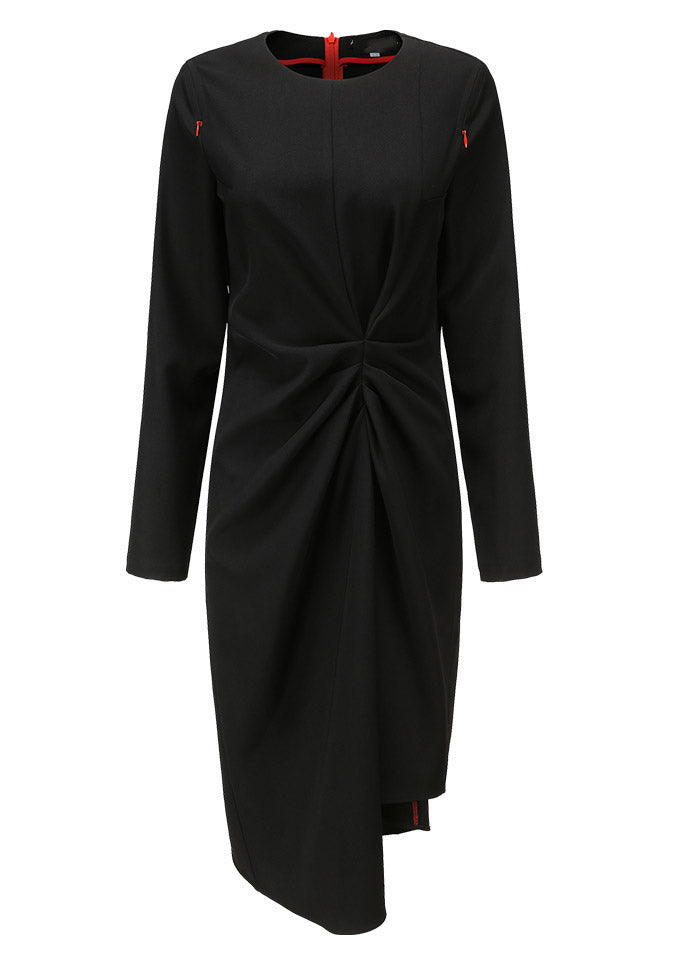 Long Sleeve Pointed Shoulder Cold Shoulder Twisted Drape Asymmetrical Midi Dress