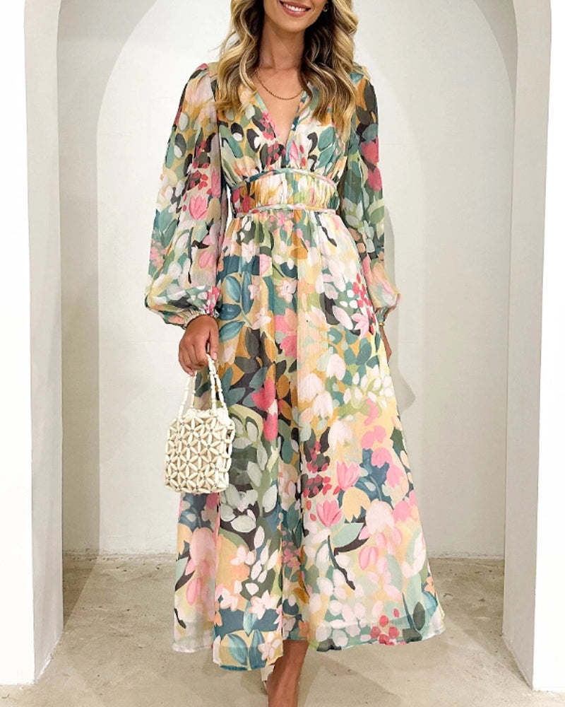 Floral Chiffon Deep V-Neck Long Sleeve Cut Out Maxi Dress 18