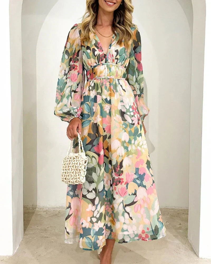 Floral Print V-Neck Long Sleeve Belted Maxi Dress