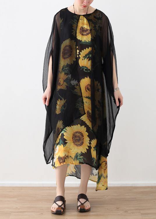 Faux Two-Piece Sunflower Print Sheer Overlay Kimono Sleeve Maxi Dress